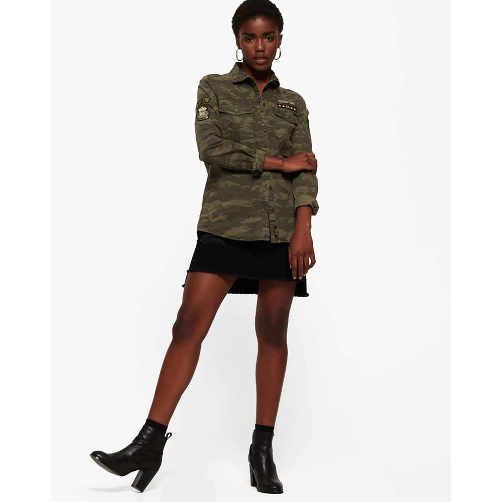 Superdry Camo Overshirt Womens 10 Green Camouflage Patch Cotton Shirt
